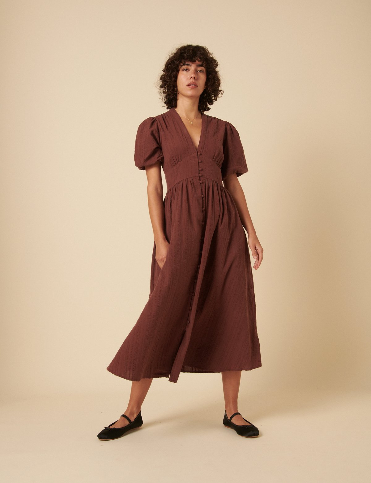 Chocolate Brown V-Neck Button-Front Midi Dress