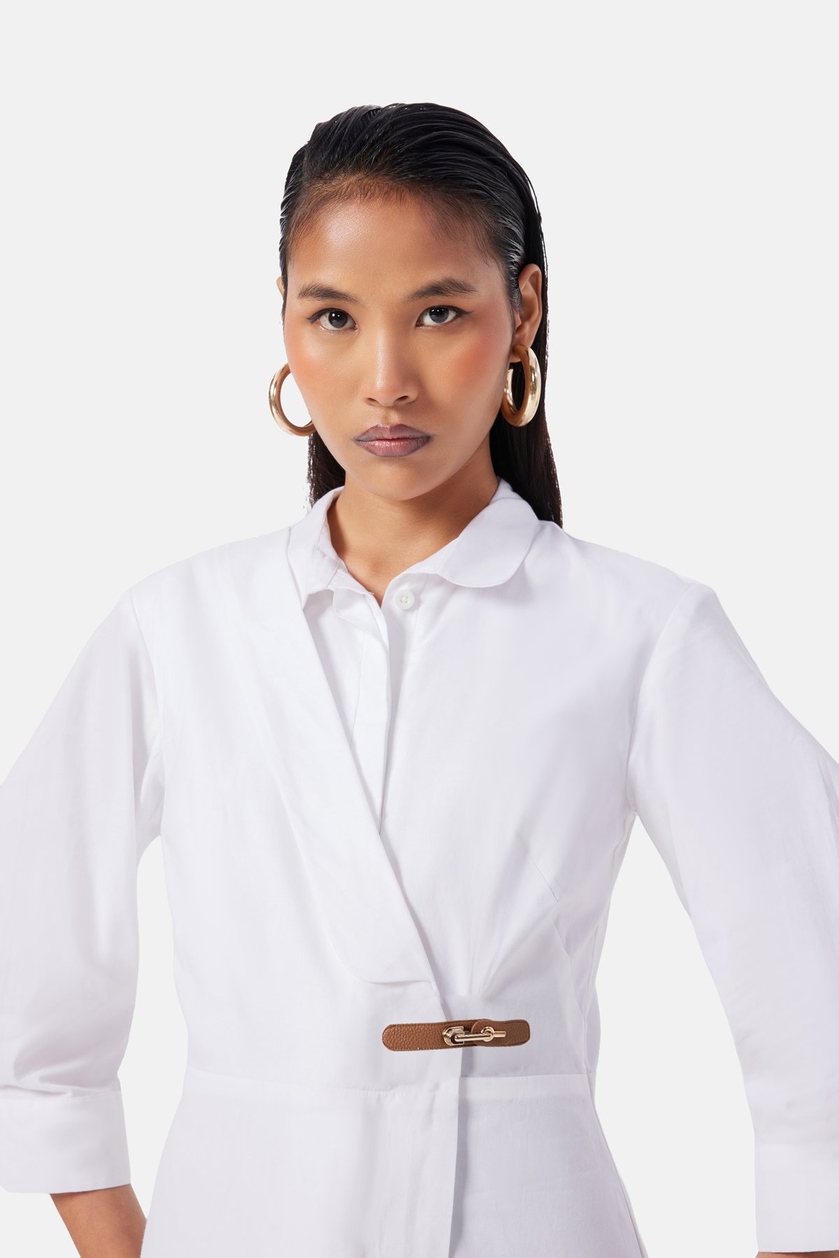 White Cotton Twill Longline Wrap-Detail Shirt