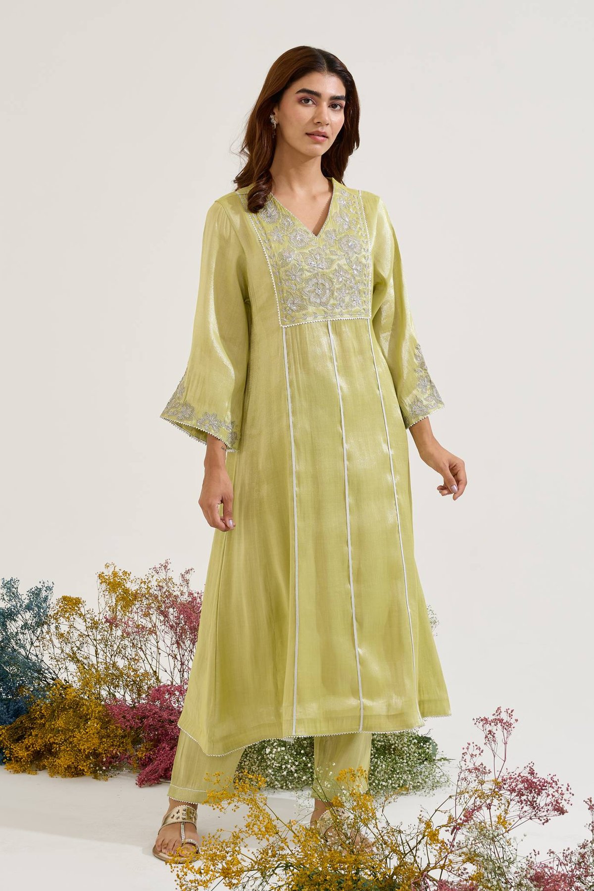 Lime Tissue Anarkali Kurta Set with Embroidered Yoke