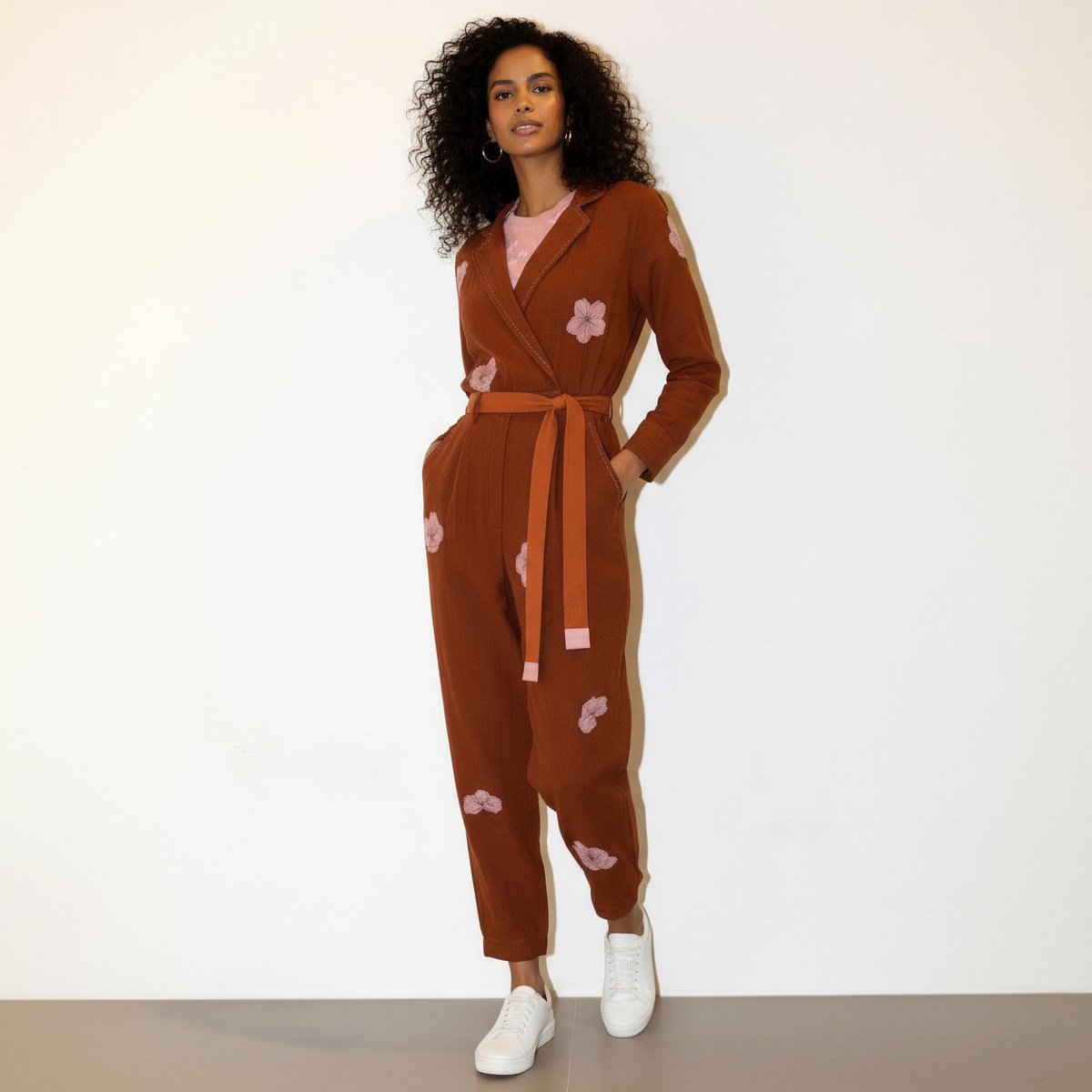 Brown Kala Cotton Wrap-Front Jumpsuit with Belt