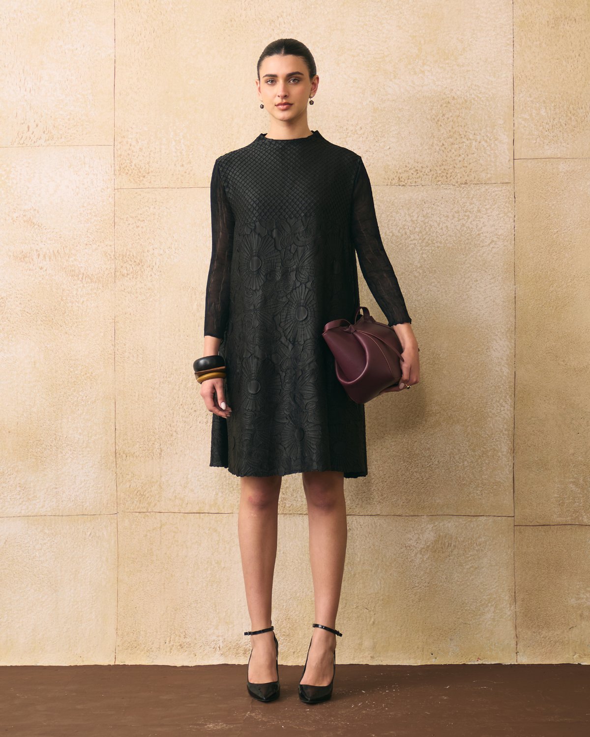 Black Textured A-Line Knee-Length Dress with Sheer Sleeves