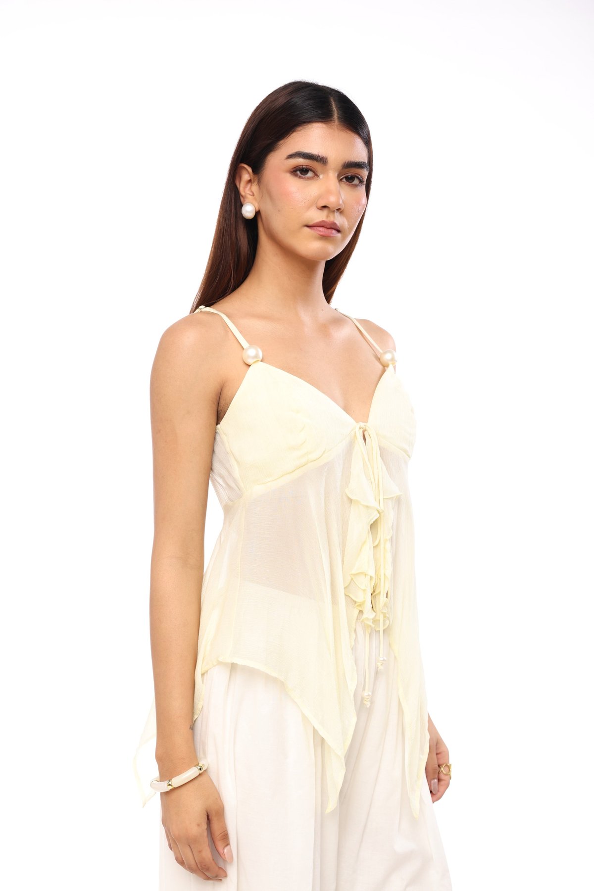 Buttercream Yellow Plunging V-Neck Cami Top with Pearl Tie