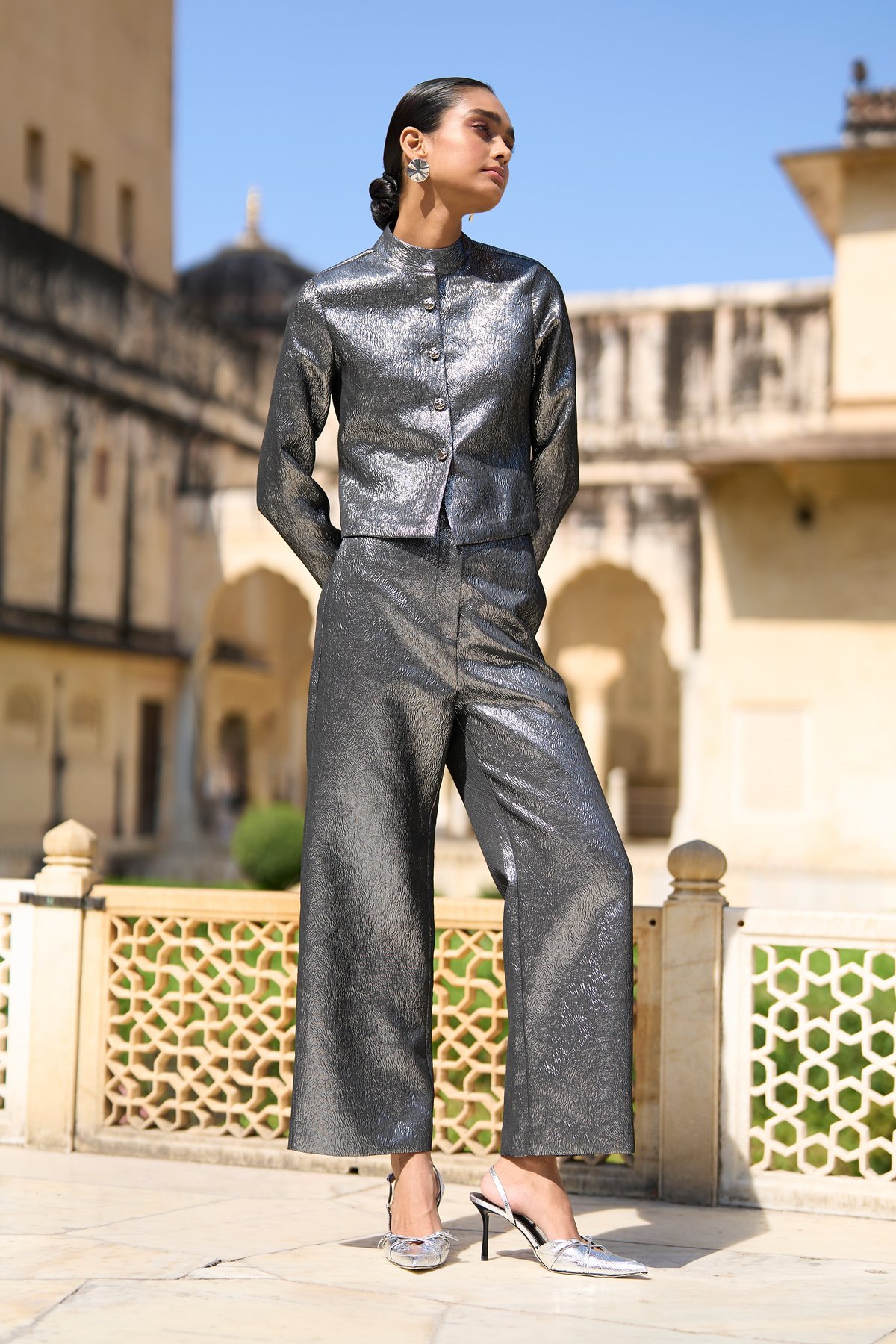 Dark SIlver Metallic Straight-Leg Trousers