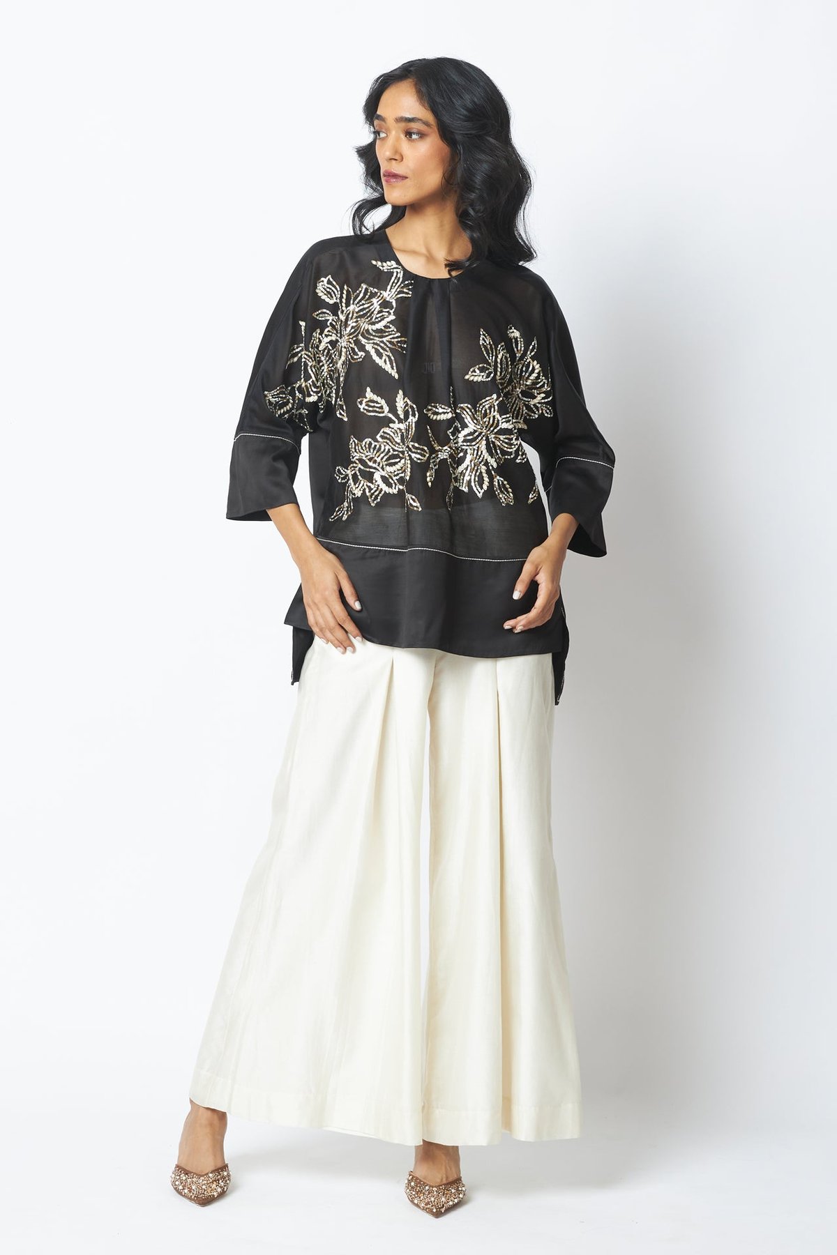 Black Sheer Sequin Floral Top and Pants Co-ord Set
