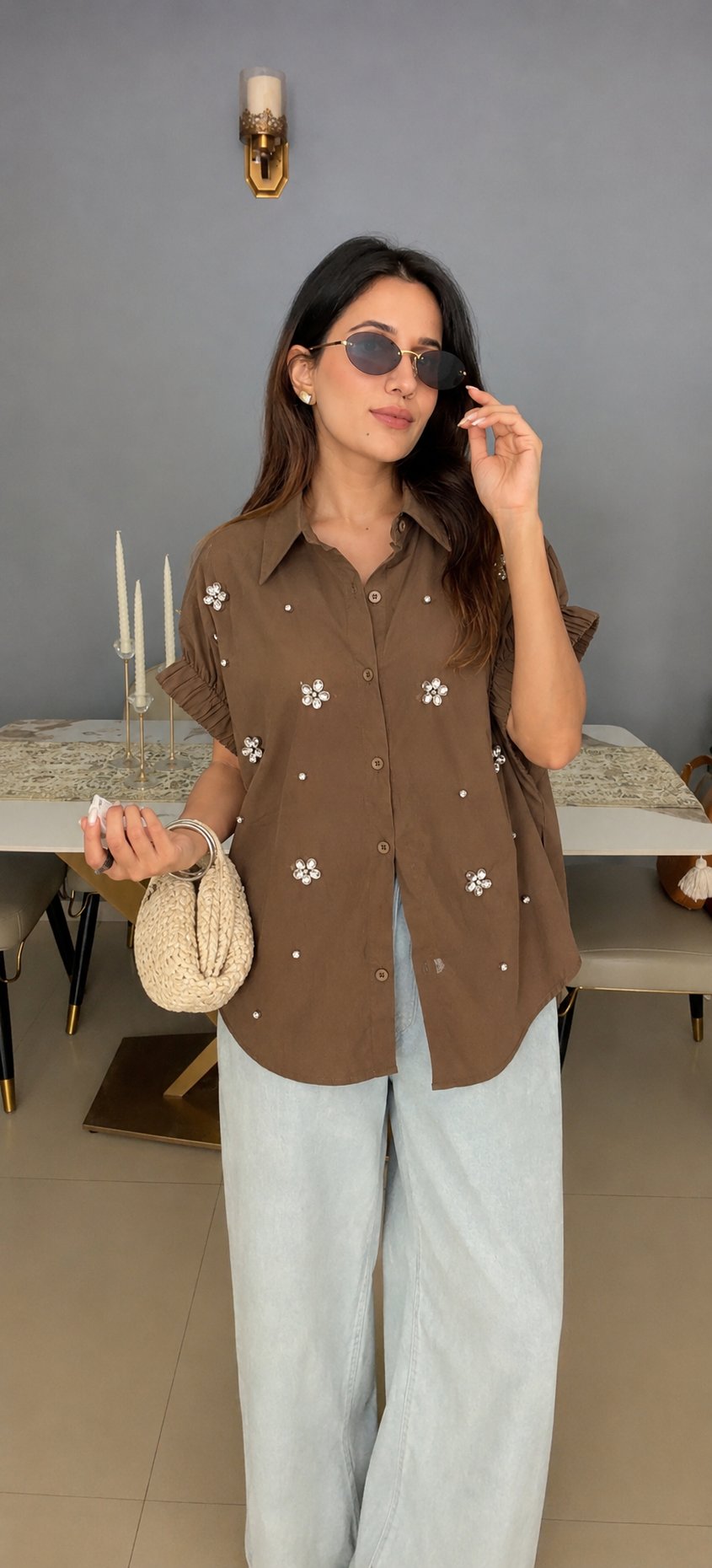 Embellished Ruched Sleeve Statement Shirt
