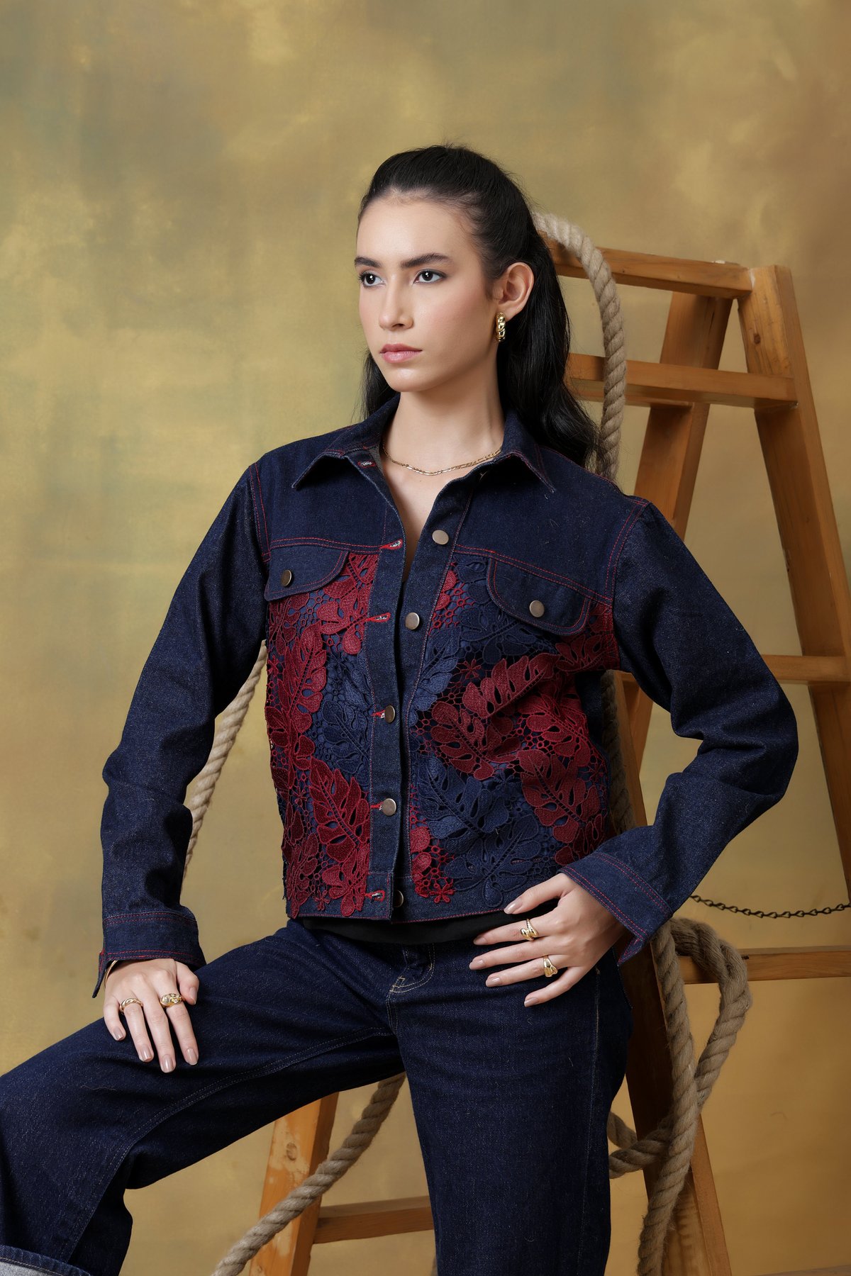 Dark Denim Jacket with Burgundy Guipure Lace Overlay
