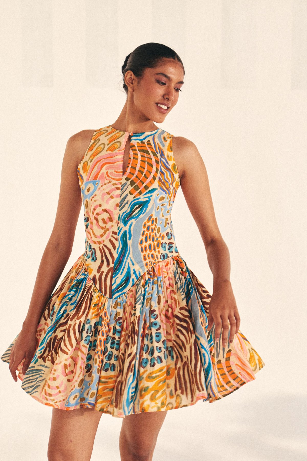 Multicolor Printed Keyhole Fit and Flare Mini Dress
