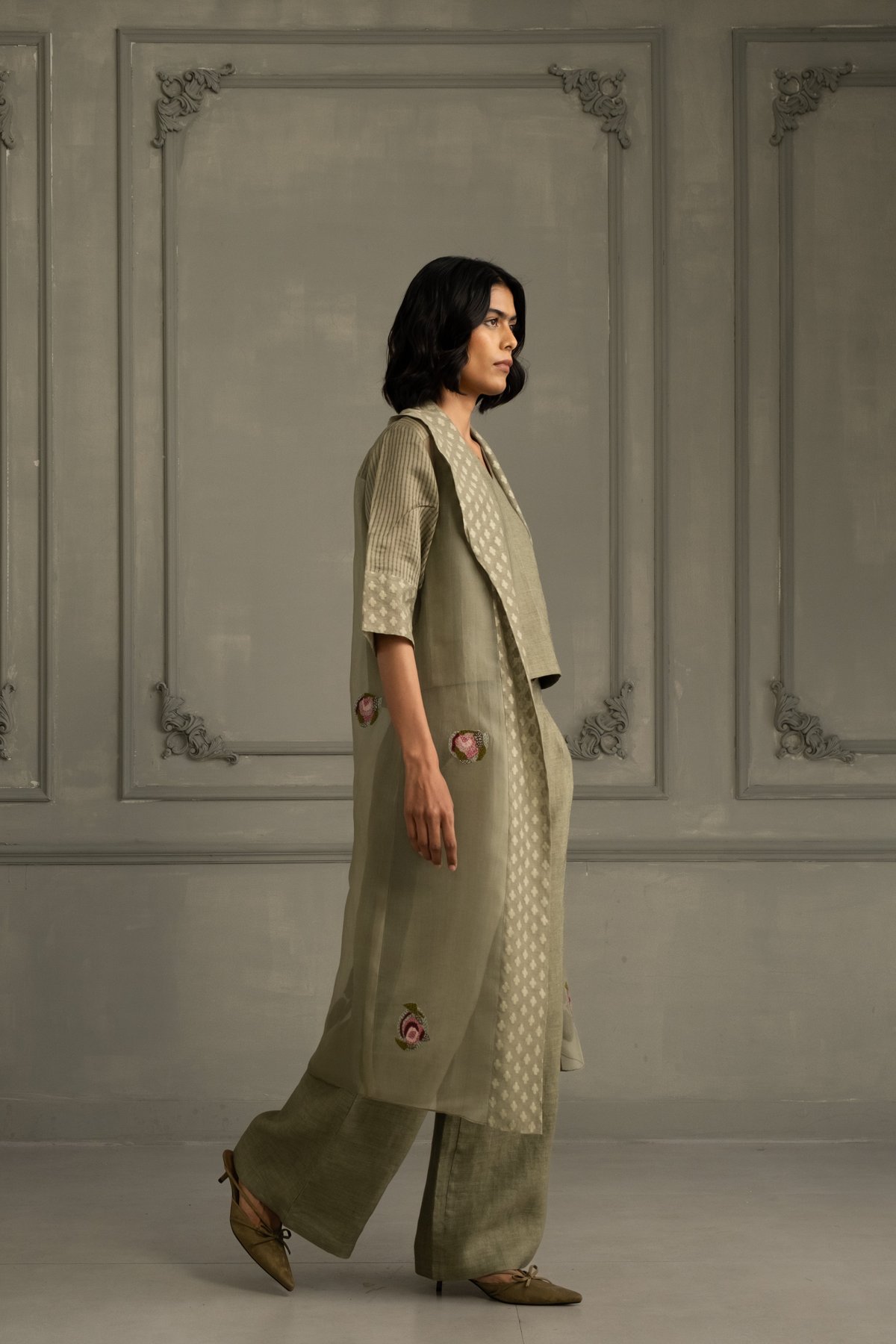 Stone Blue Embroidered Jacket With Top And Pant