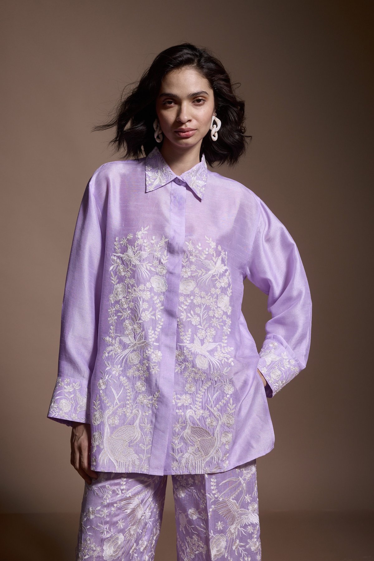 Lavender Relaxed Fit Embroidered Button-Down Shirt