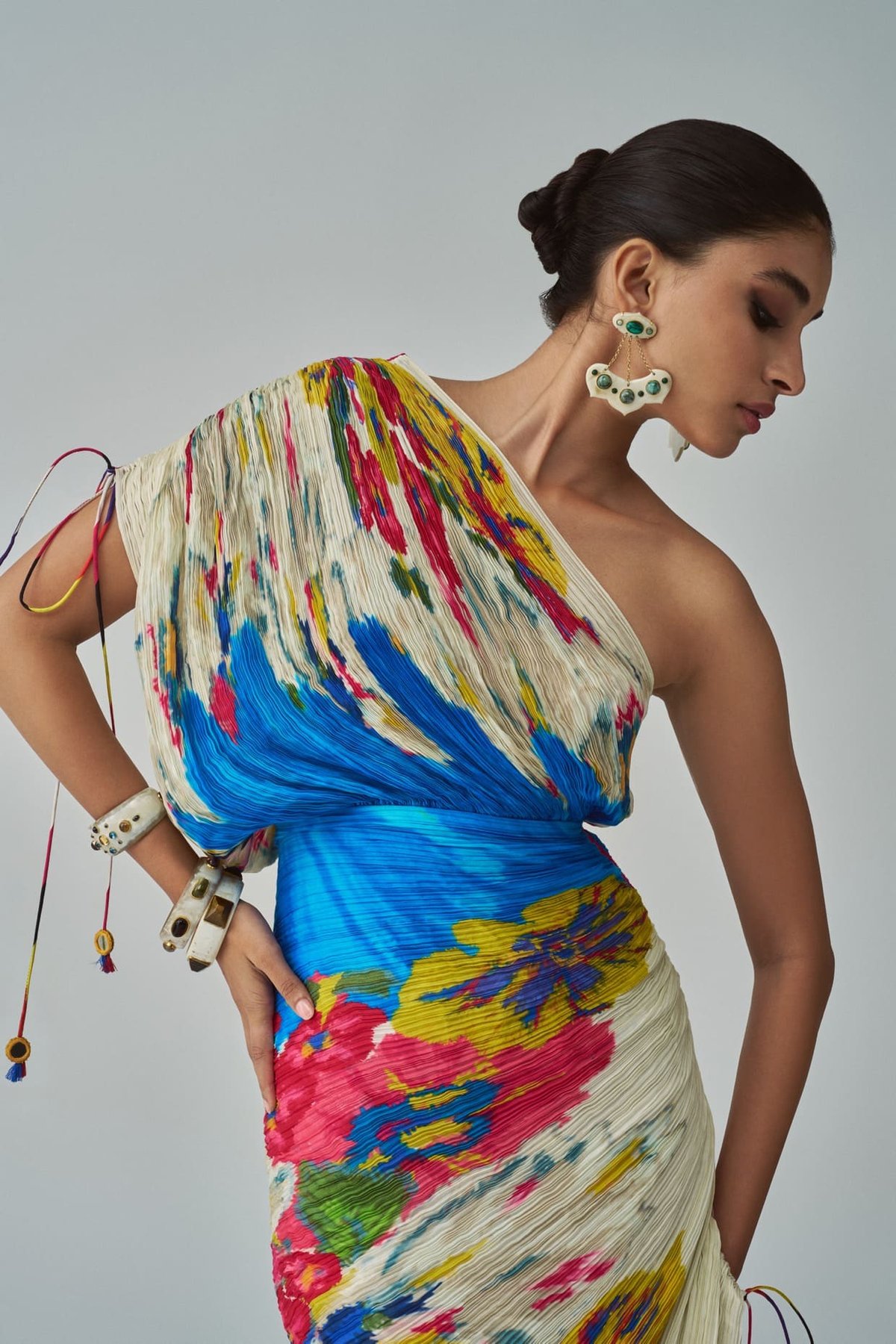 Ivory/Multi One-Shoulder Micro-Pleated Floral Midi Dress