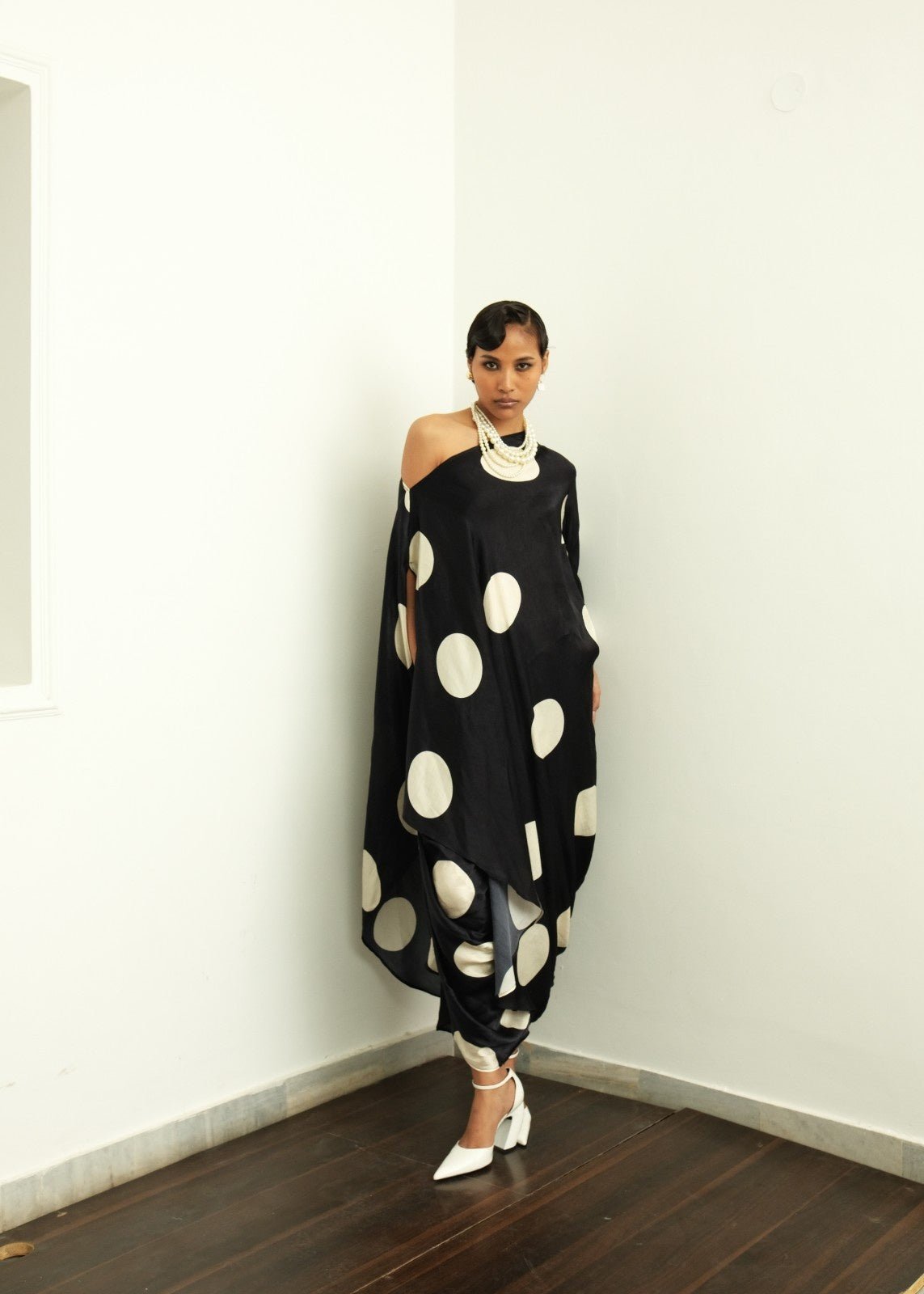 Black and Beige Polka Dot Drape Midi Skirt