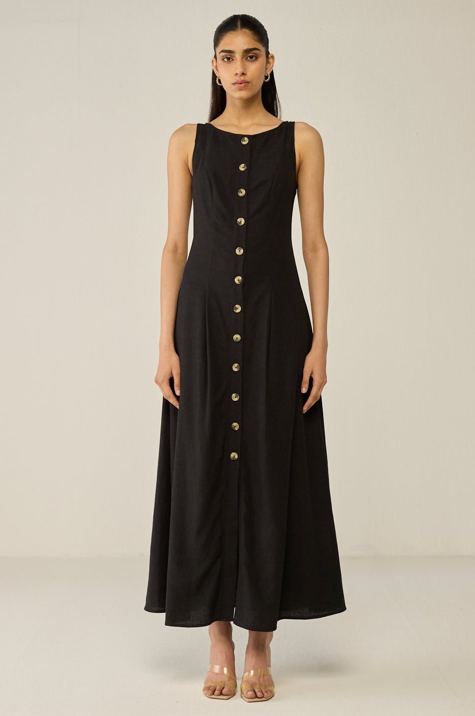 Black Sleeveless A-line Midi Dress