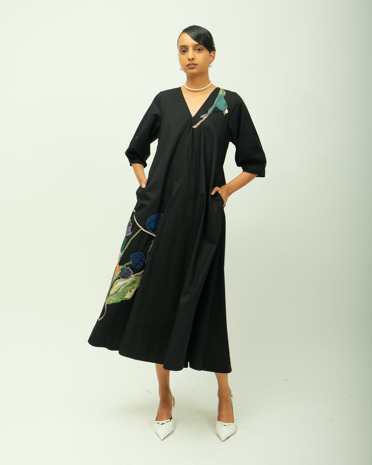Black A-Line Midi Dress with Floral Applique
