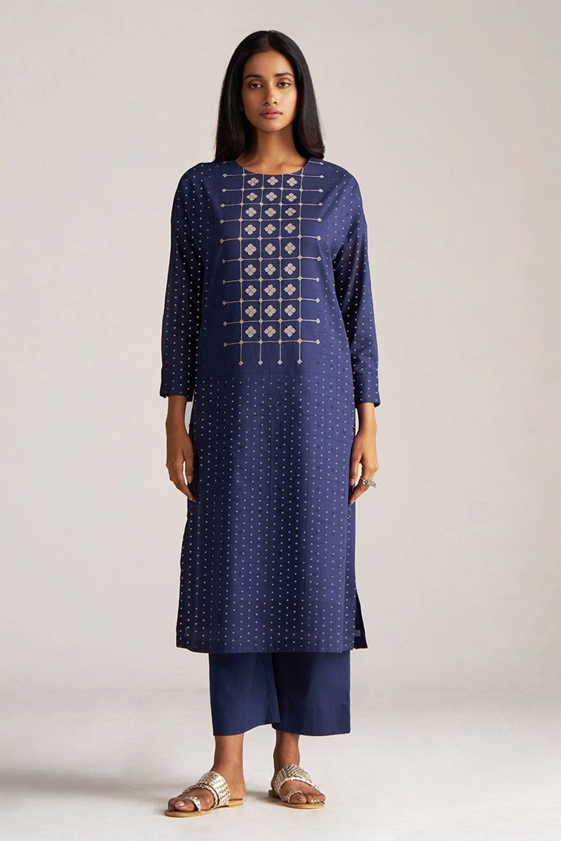 Blue and Off White Printed Kurta Co-ord Set with Pants