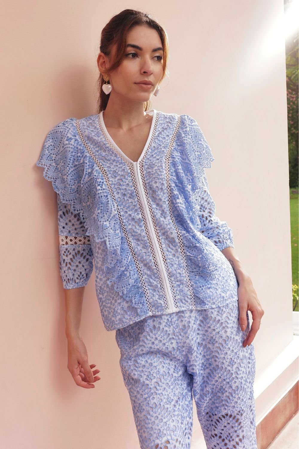 Pastel Blue and White Broderie Anglaise Ruffle Blouse