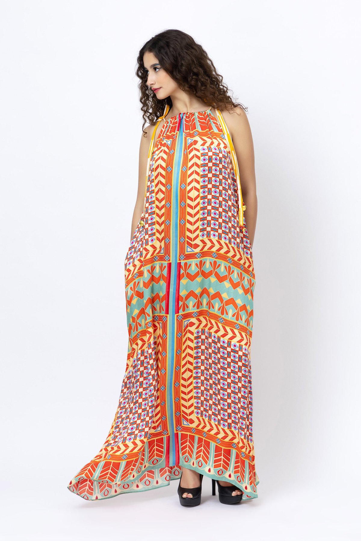 Multicolor Printed Crepe A-Line Maxi Dress with Tie-Up Neck