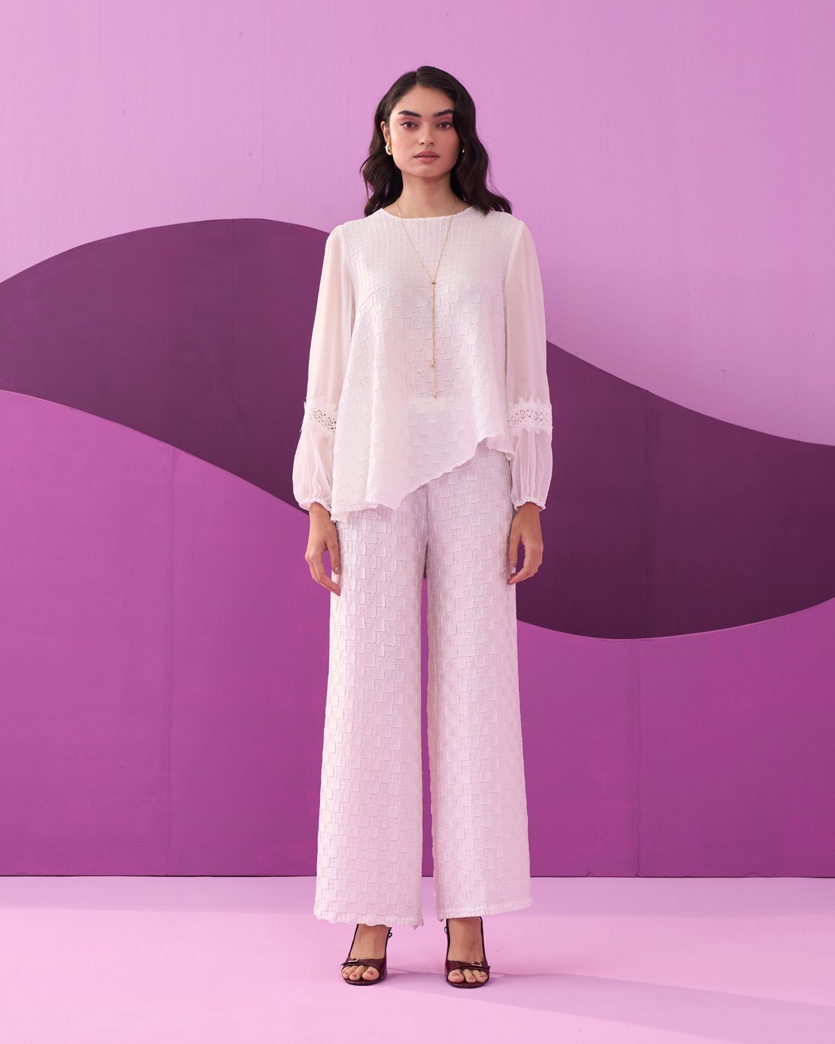 White Textured Co-ord Set with Chiffon Sleeves