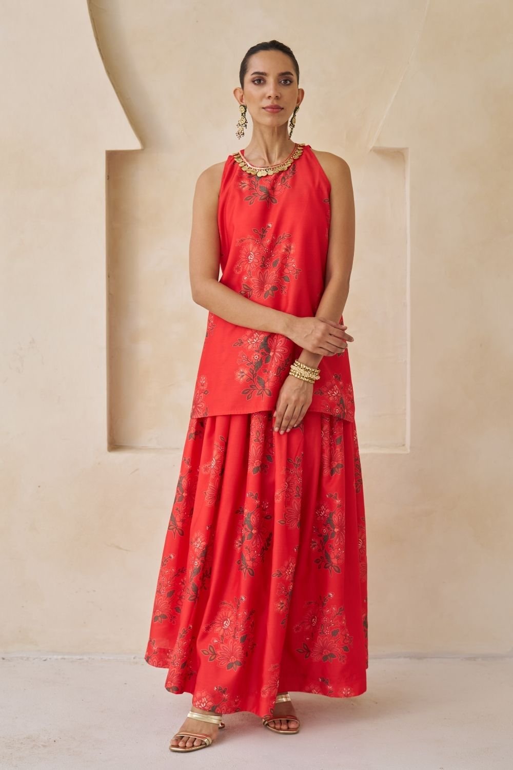 Red Chanderi Floral Lehenga Set With Embellished Neckline