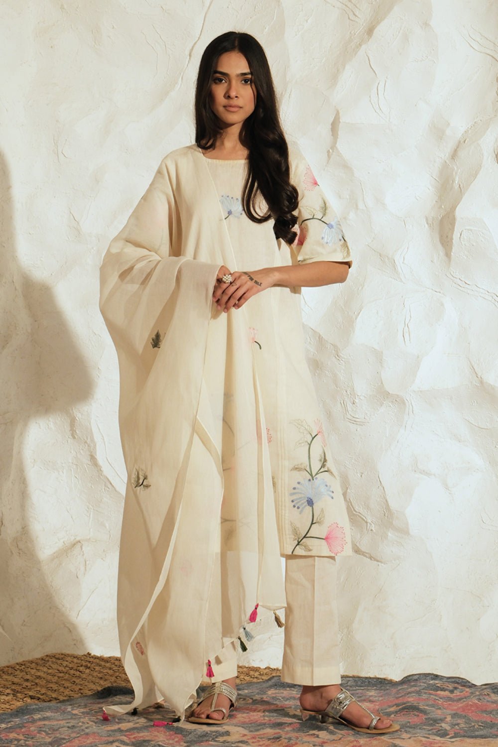 Ivory Mul Mul Straight Kurta Set with Floral Embroidery