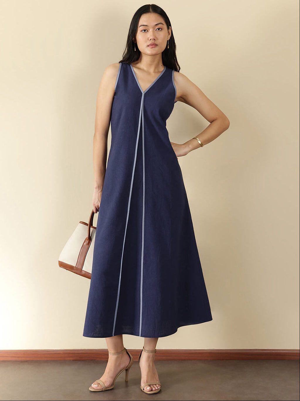 Denim Blue Linen Blend V-Neck A-Line Midi Dress
