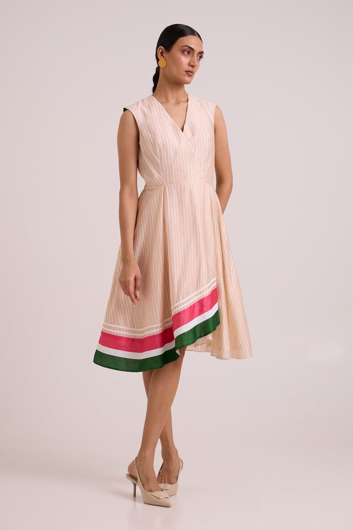 Almond Striped Fit and Flare Midi Dress with Hem Border