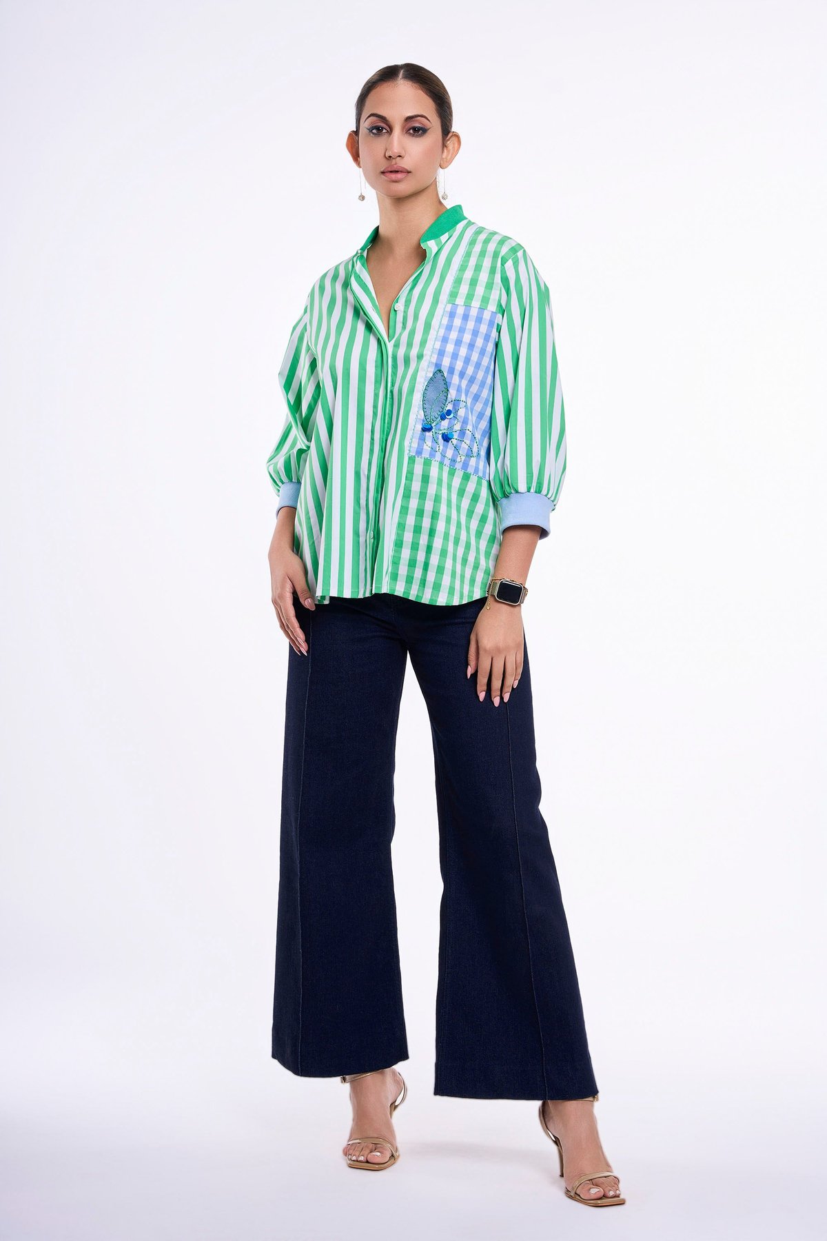 Green Stripe and Check Patch Cotton Shirt