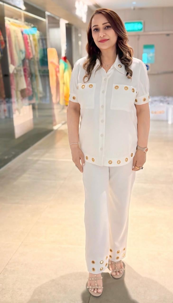 White Grommet Detail Shirt and Trouser Co-ord Set