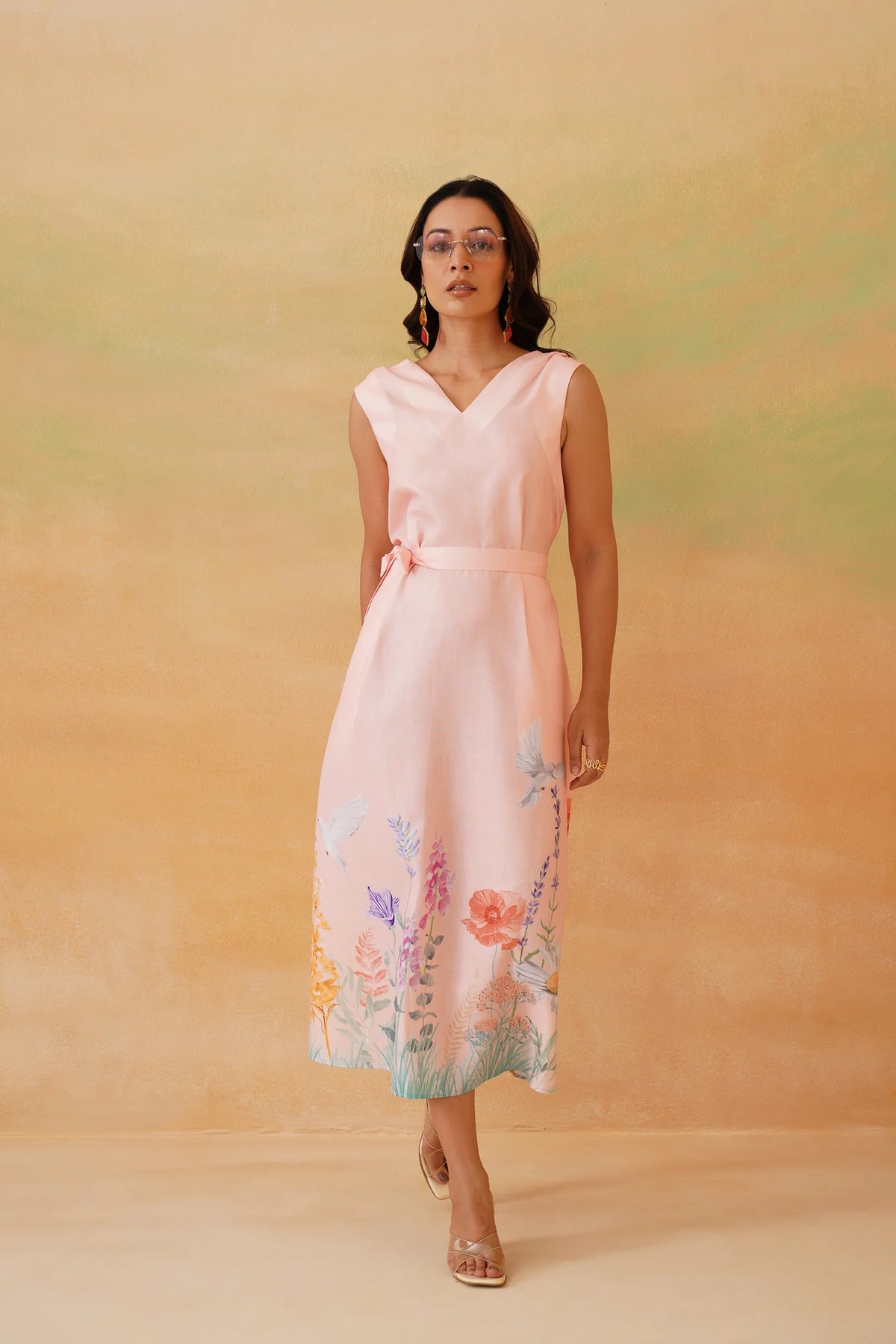 Peach V-Neck Sleeveless Midi Dress with Waist Tie