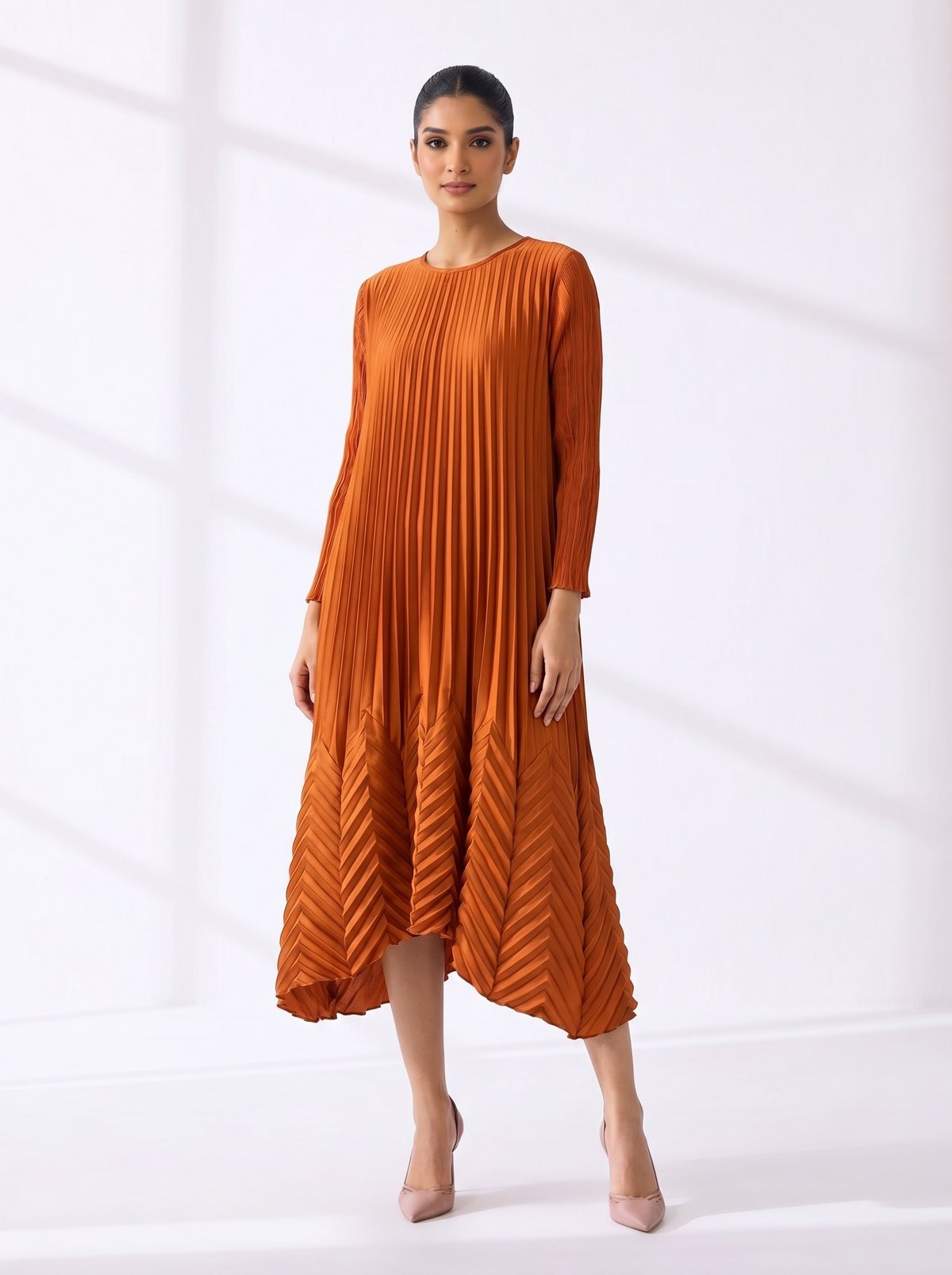 Orange Pleated A-Line Midi Dress