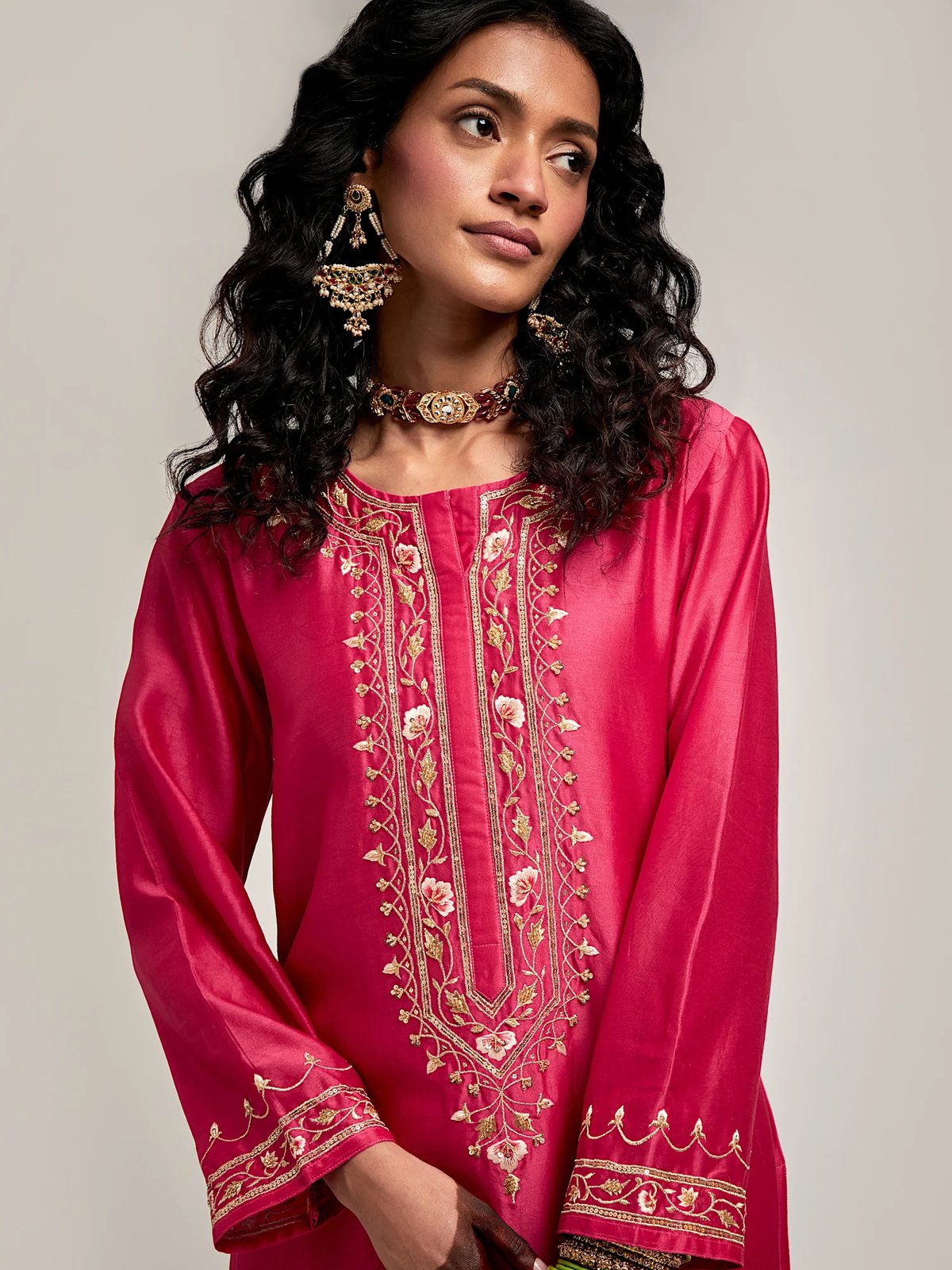 Fuchsia Silk Chanderi Placket-Embroidered Straight Kurta