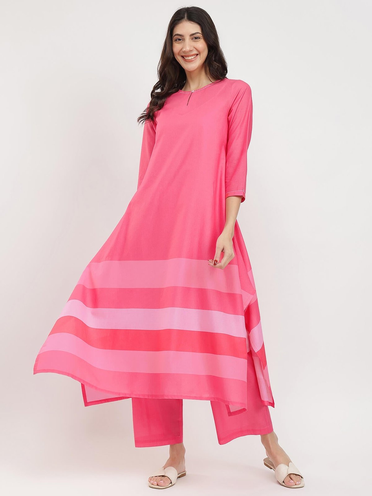 Pink Cotton Striped Asymmetric Hem Kurta Set