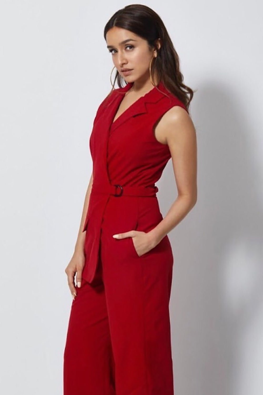 Red Sleeveless Lapel Collar Belted Full-Length Jumpsuit