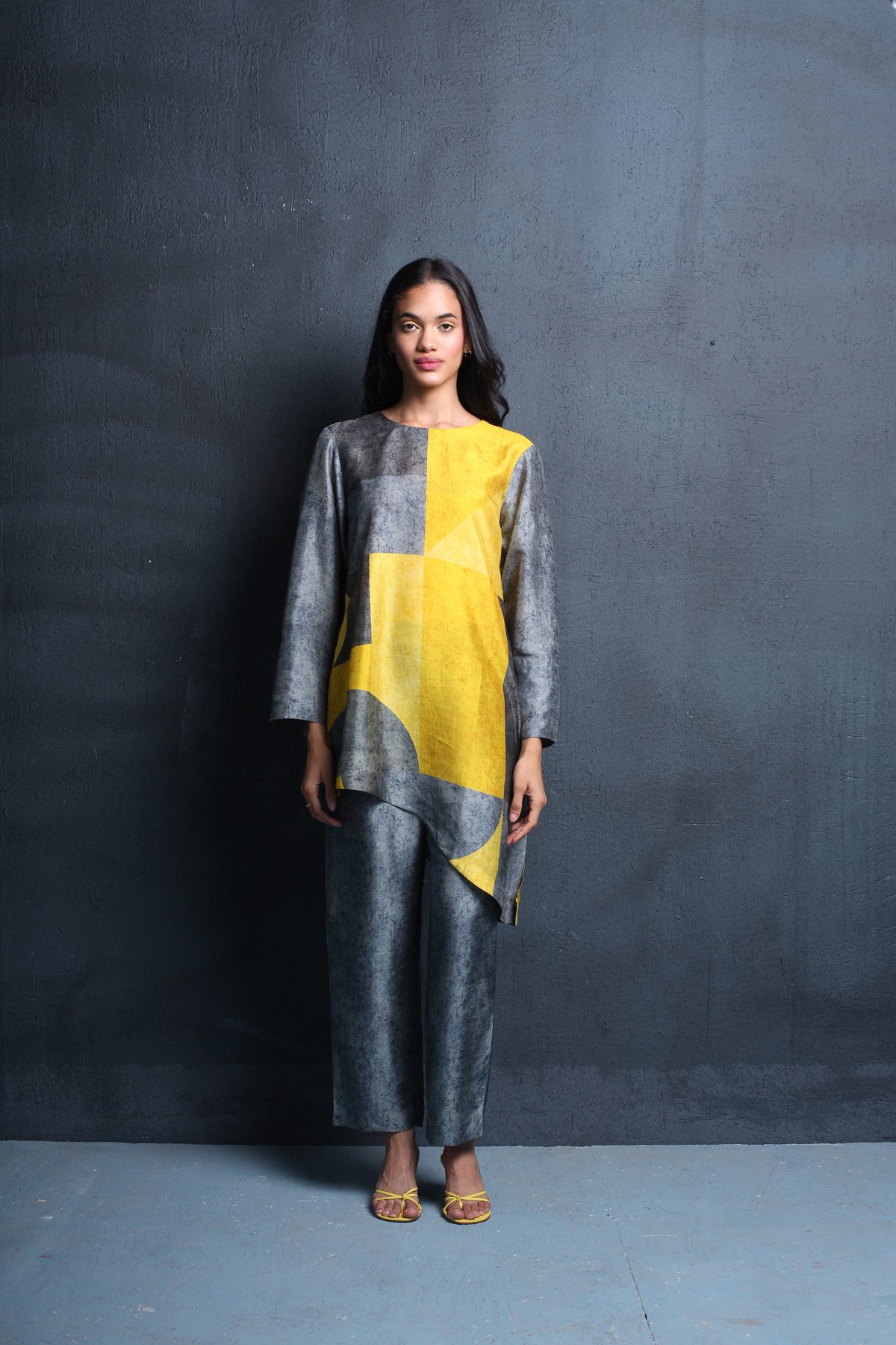 Grey/Yellow Dupion Silk Kurta Set