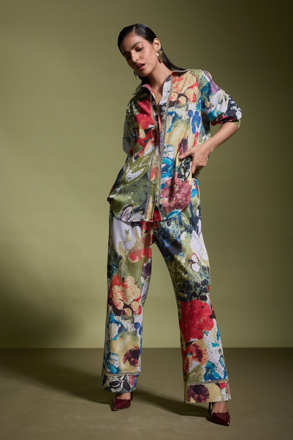 Multi Floral Wide-Leg Linen-Blend Trousers