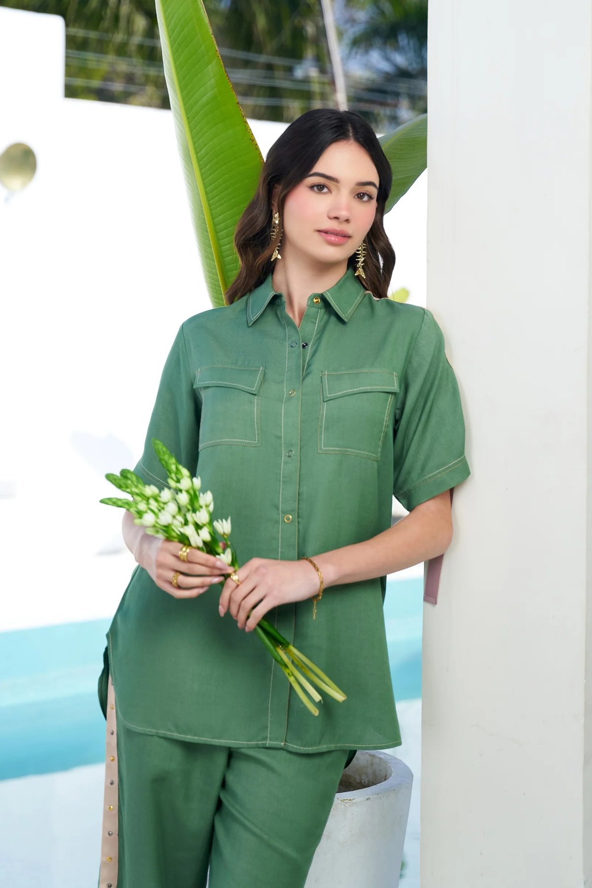 Sage Green Relaxed-Fit Short Sleeve Button-Down Shirt