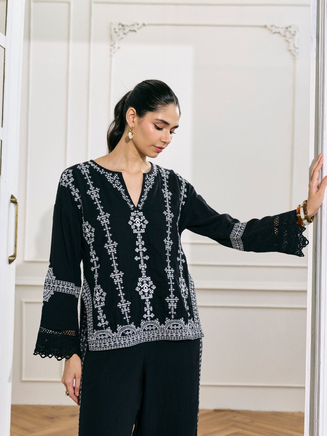 Black Cotton Embroidered V-Neck Top with Lace Cuffs