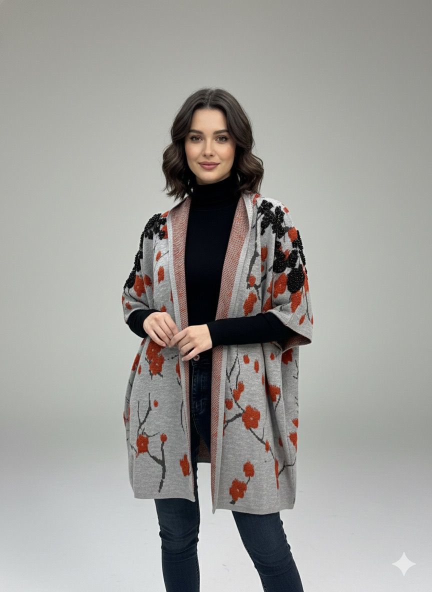Grey Wool Cape-Style Shrug with Floral Motif