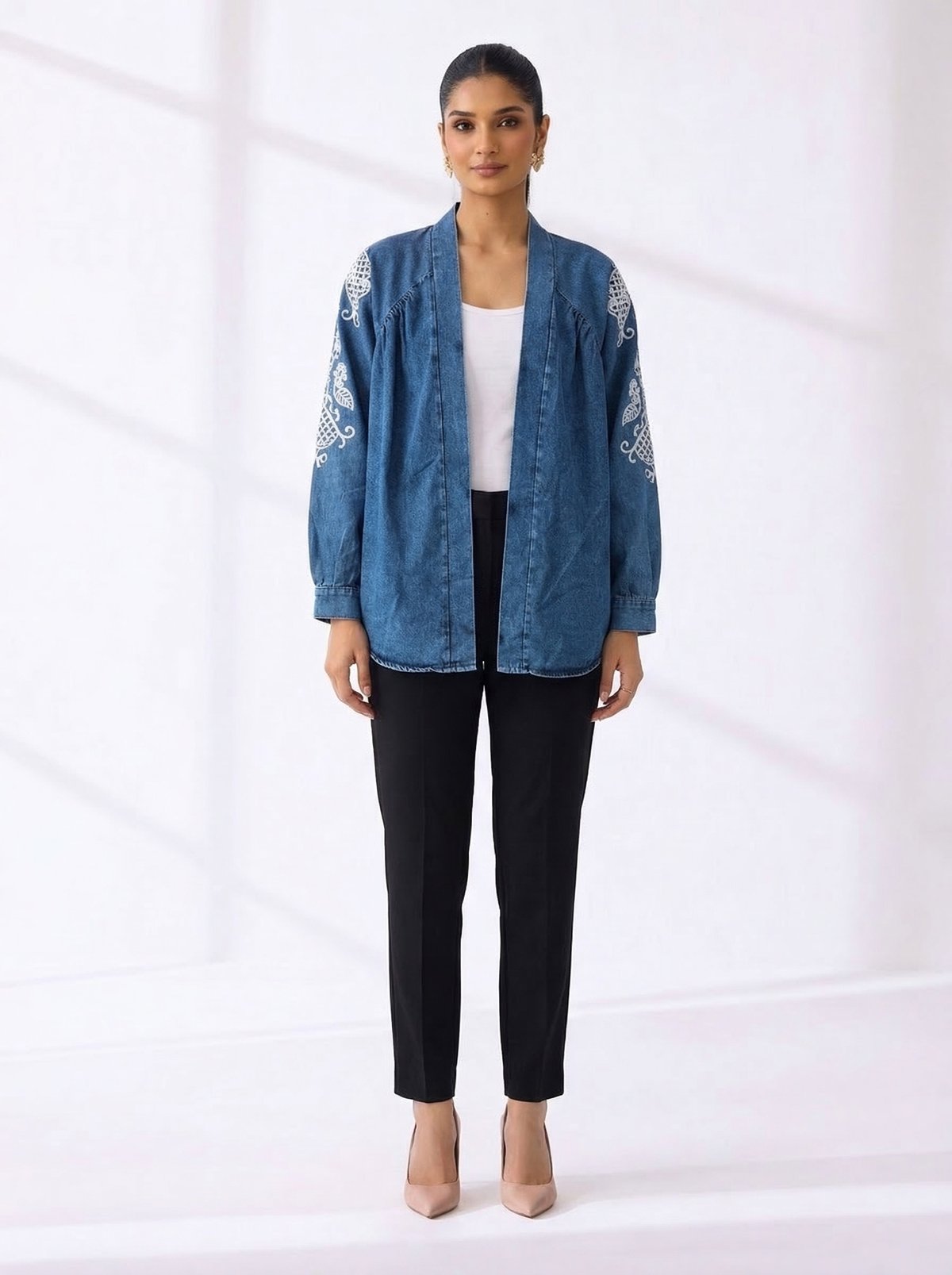 KOYU MAVI Denim Open-Front Jacket with Sleeve Embroidery