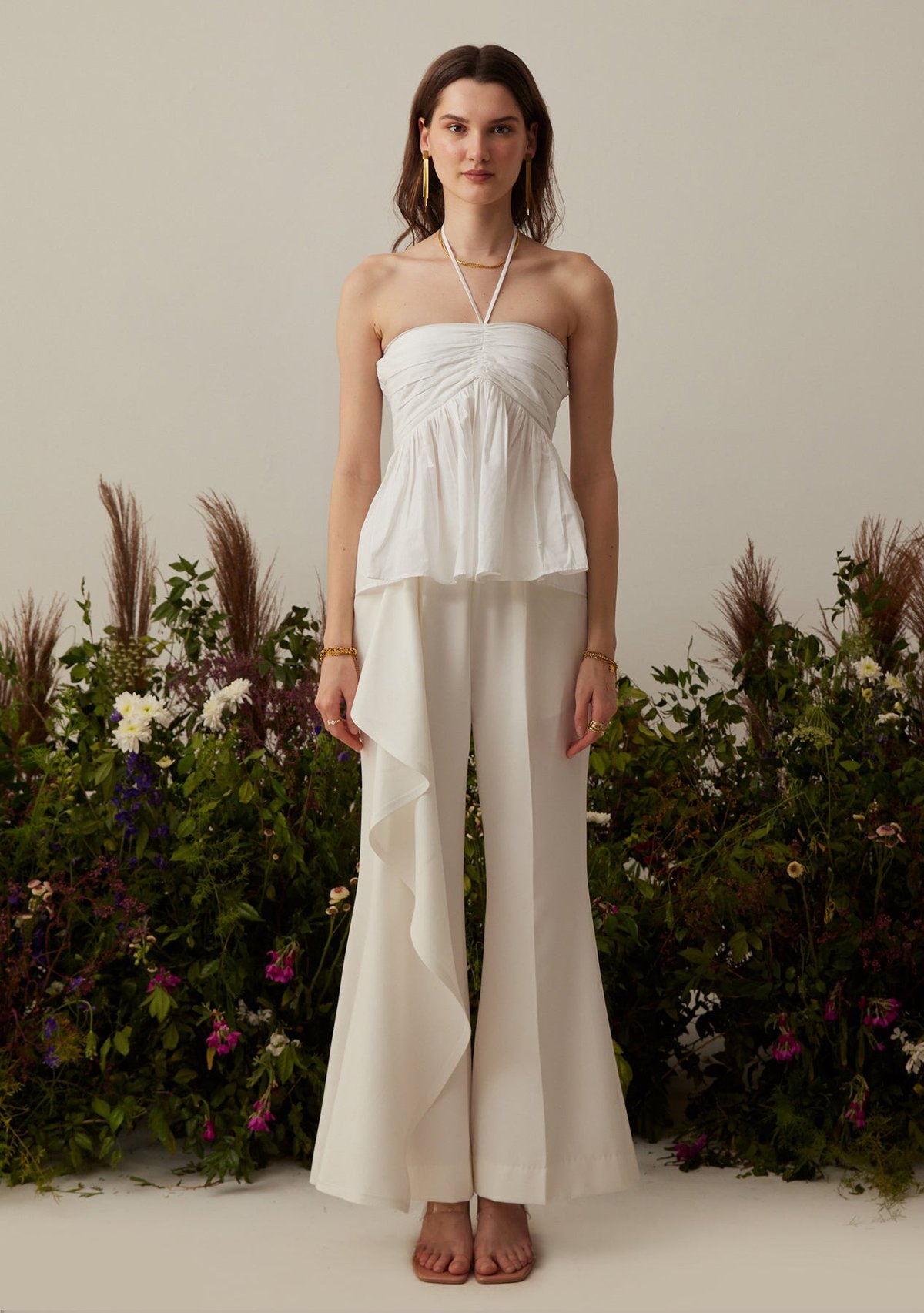 White High-Rise Flared Trousers with Cascade Drape