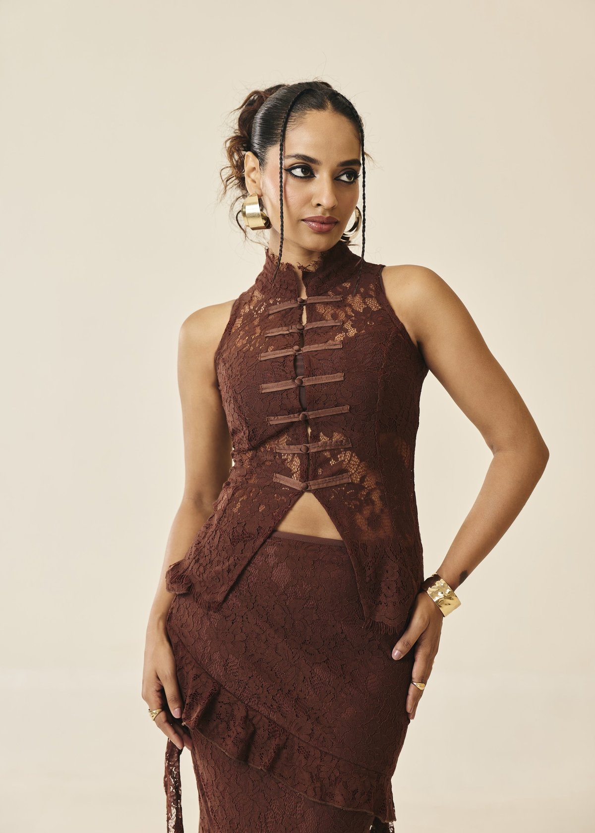Santorini Espresso Lace Frog-Button Top