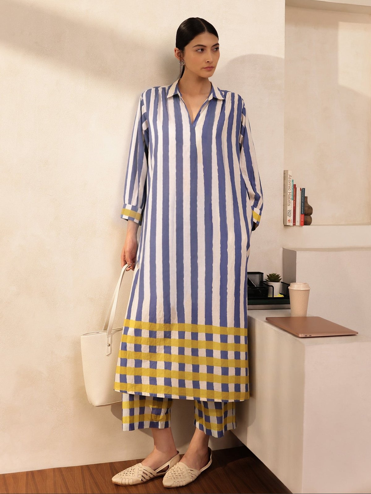 Cotton Stripe Play Shirt Collar Kurta Set