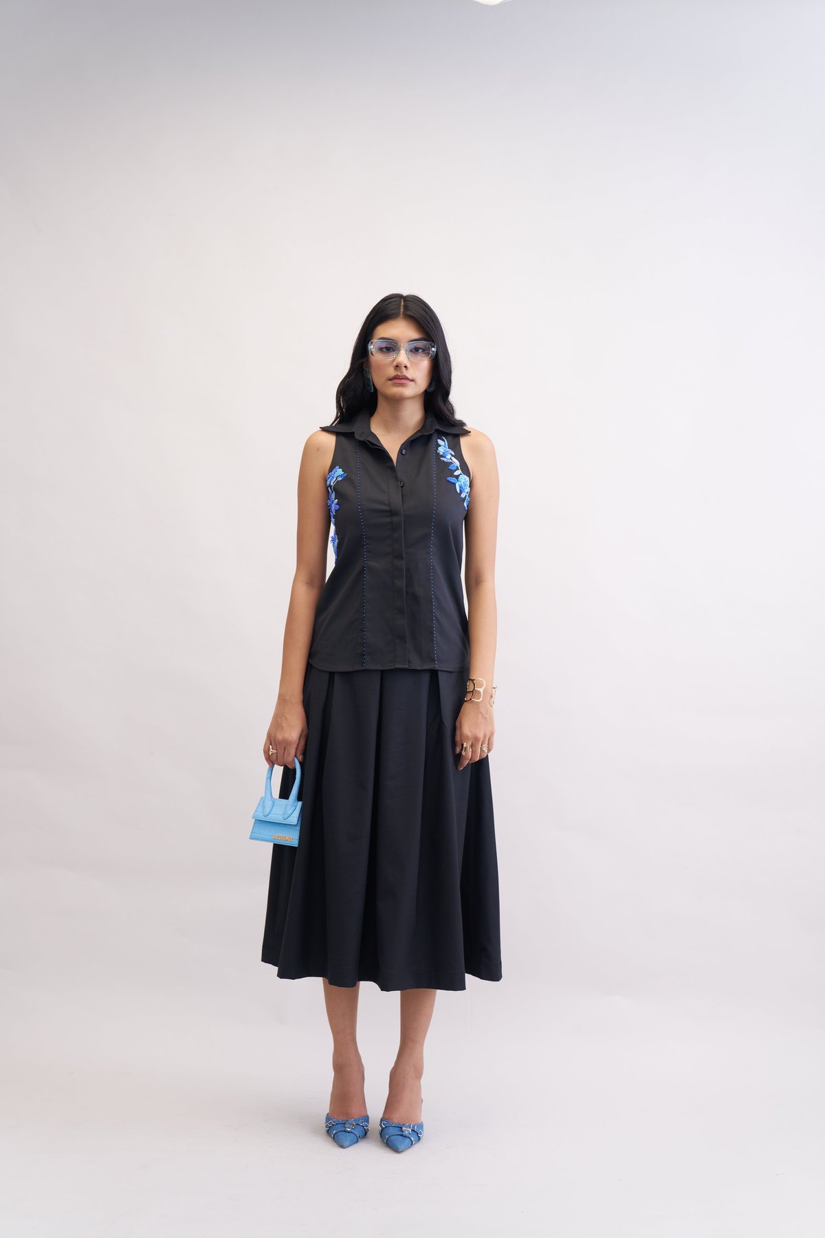 Black Suiting A-Line Midi Skirt with Box Pleats