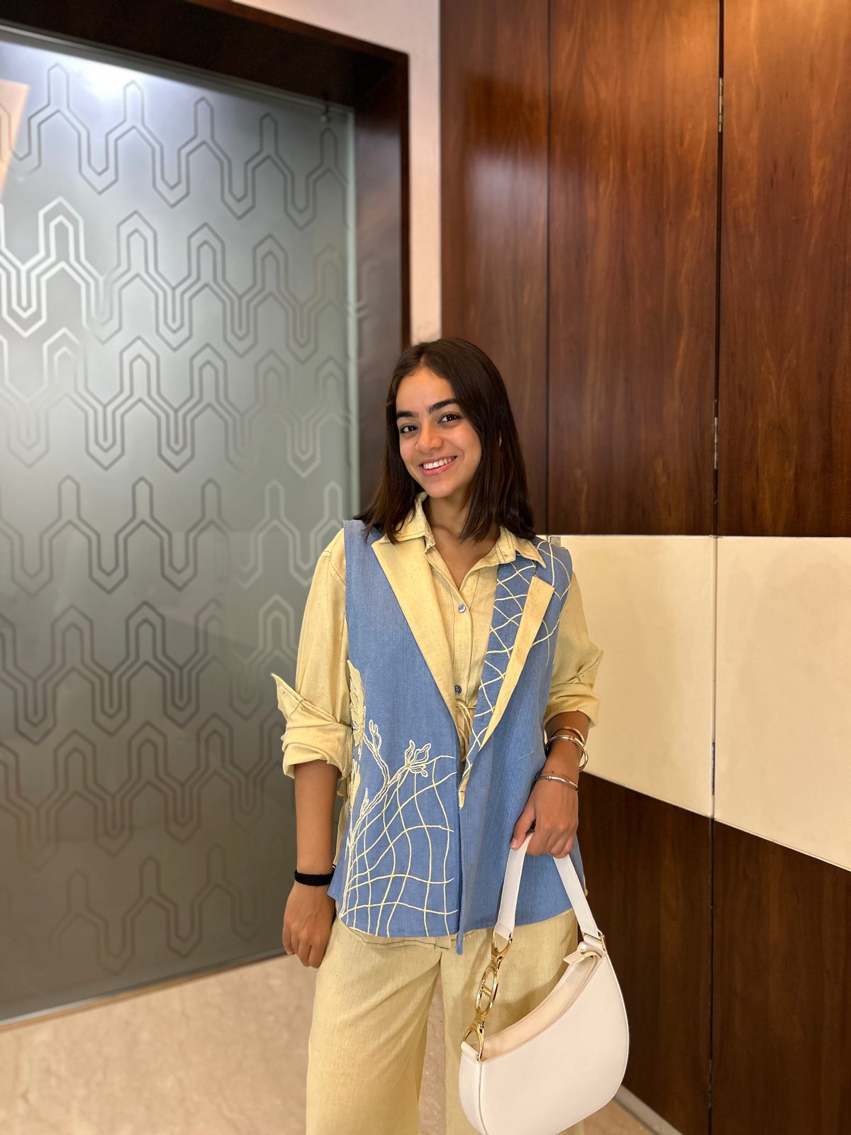Blue and Butter Yellow Colorblock Embroidered Co-ord Set
