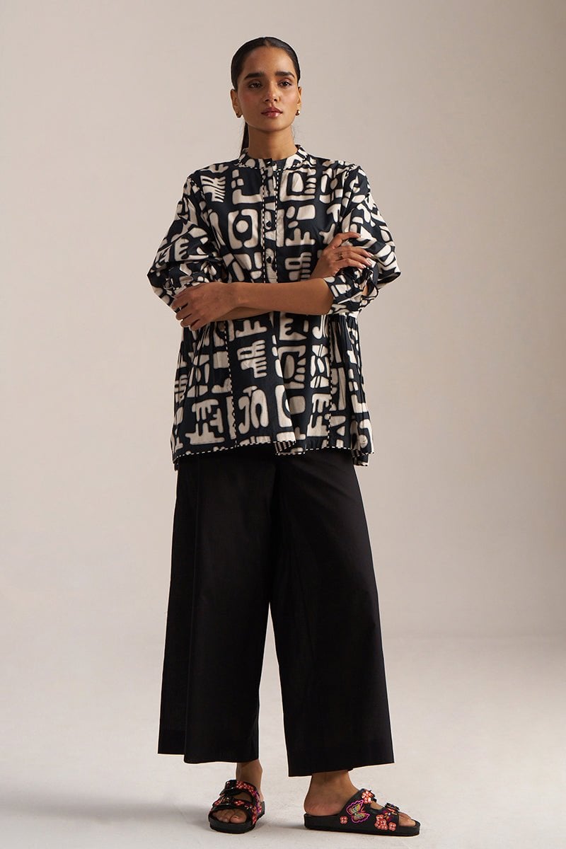 Black and Cream Graphic Printed Cotton Short Kurta