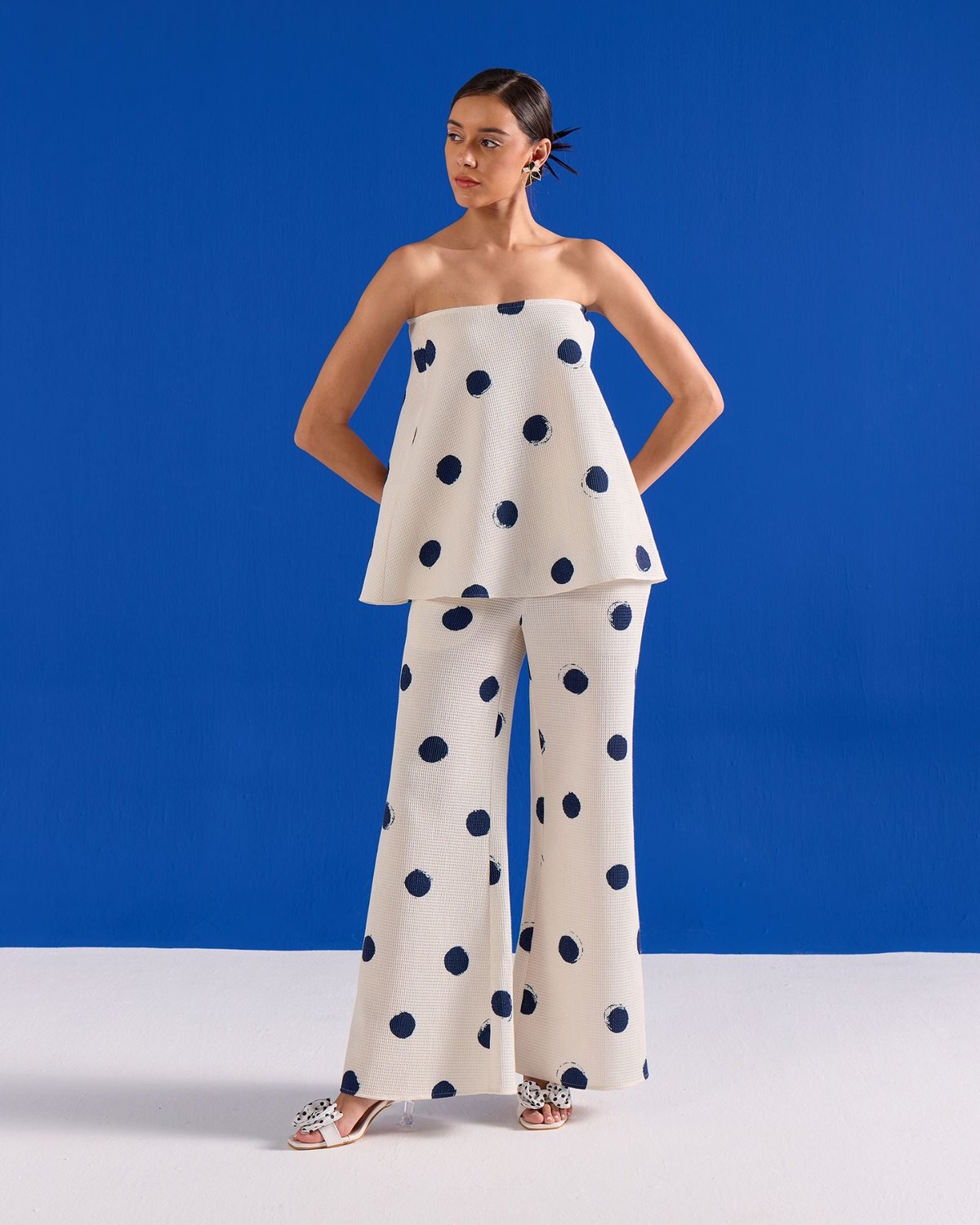 Blue/White Strapless Polka Dot Cotton Waffle Dress