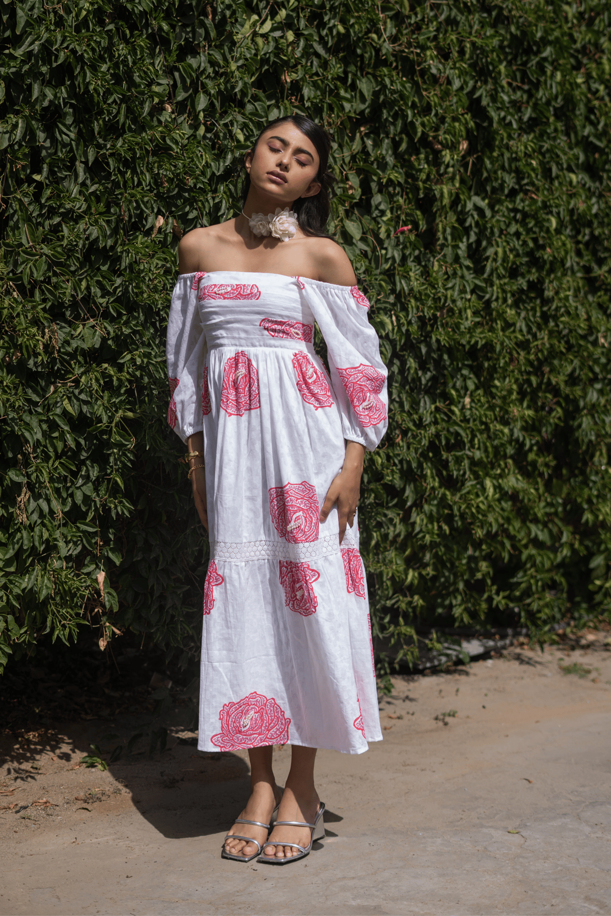 White and Red Rose Print Smocked Tiered Midi Dress