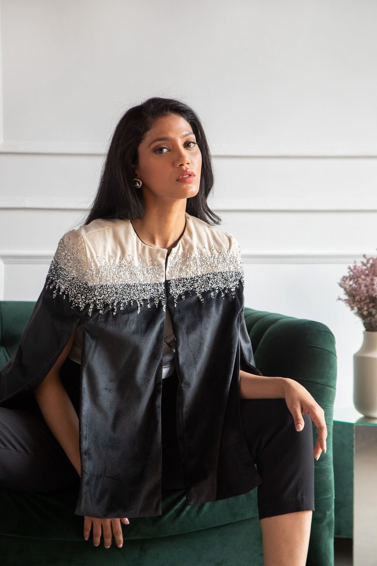 Black and Ivory Embellished Velvet Cape
