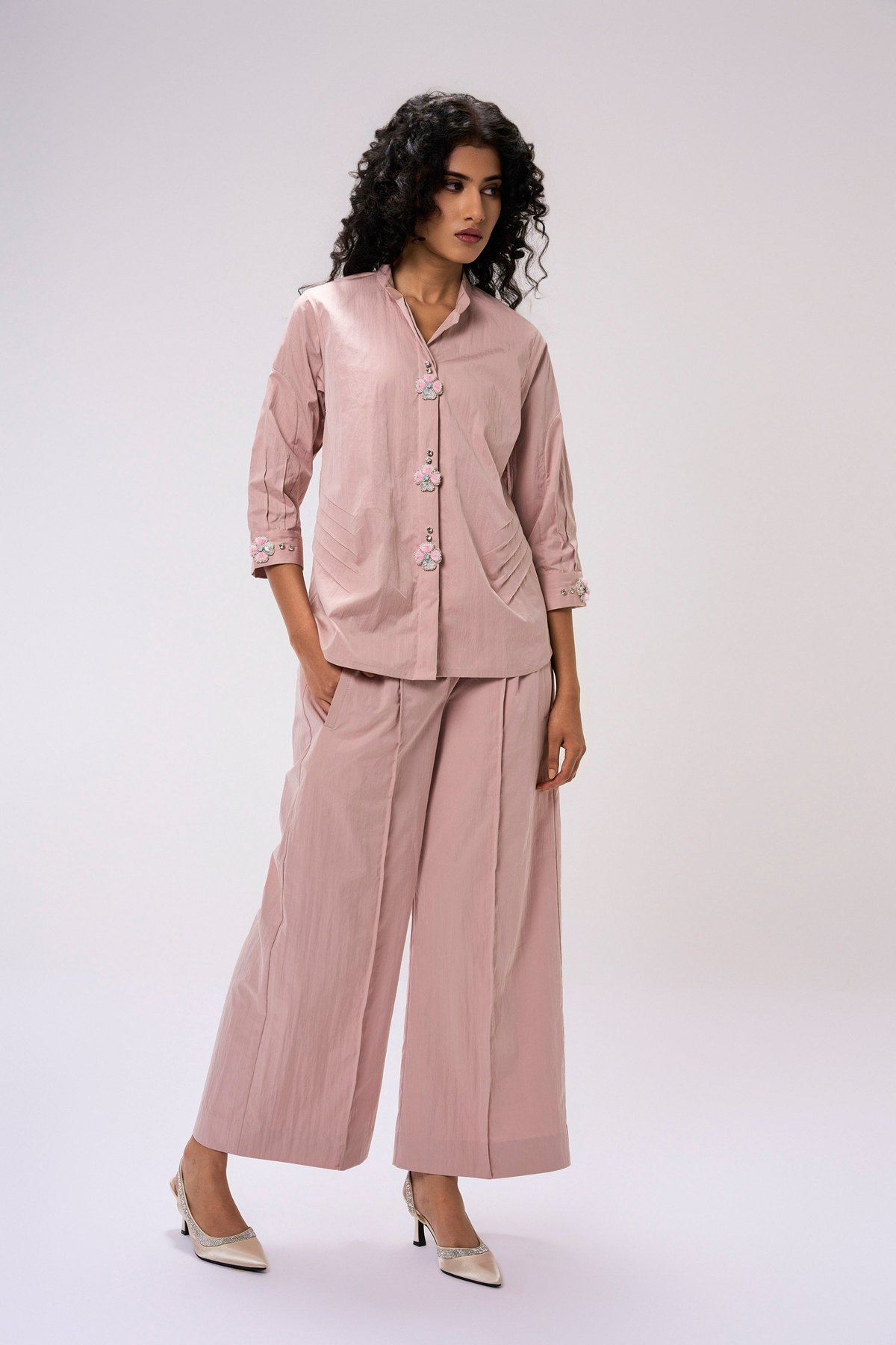 Blush Pink Embellished Shirt and Wide-Leg Co-ord Set
