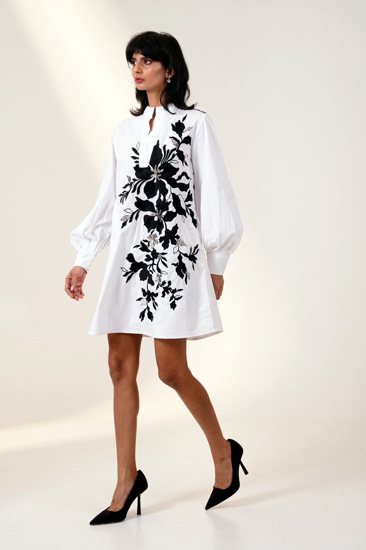 White and Black Embroidered Poplin Mini Dress