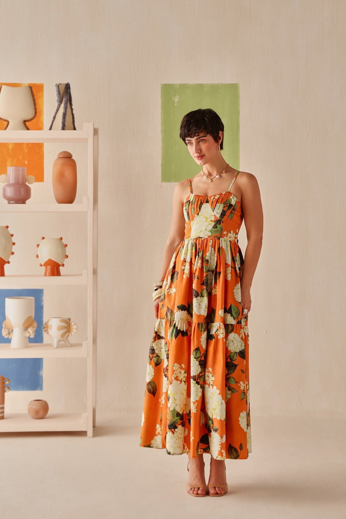Orange Floral Tiered Cotton Maxi Dress